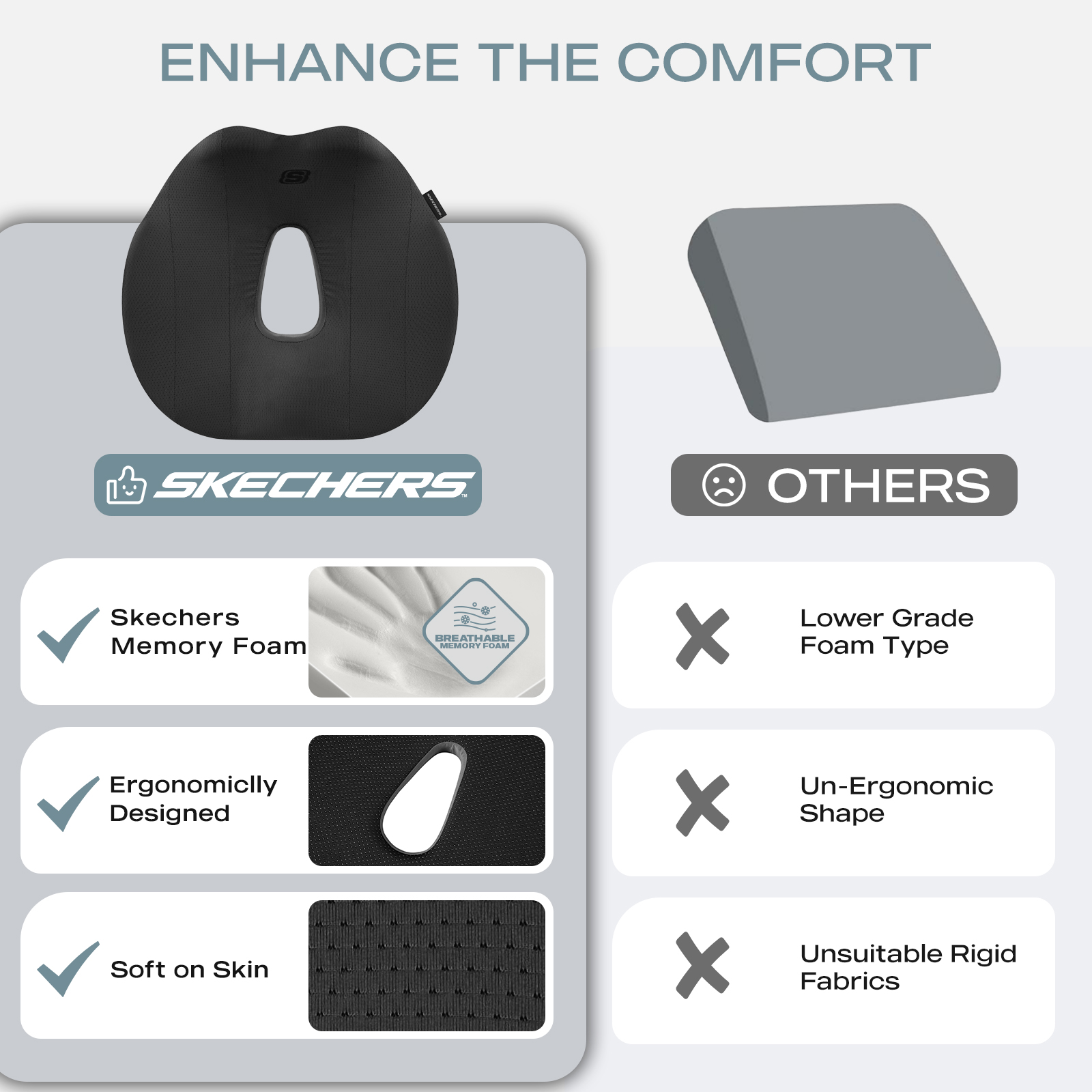 Skechers Car Seat Cushion, Memory Foam Seat Cushion, Ergonomic Support Cushion for Car Seat, Pressure Relief Driving Cushion, Non-Slip Breathable Cushion for Car Office Home, Black