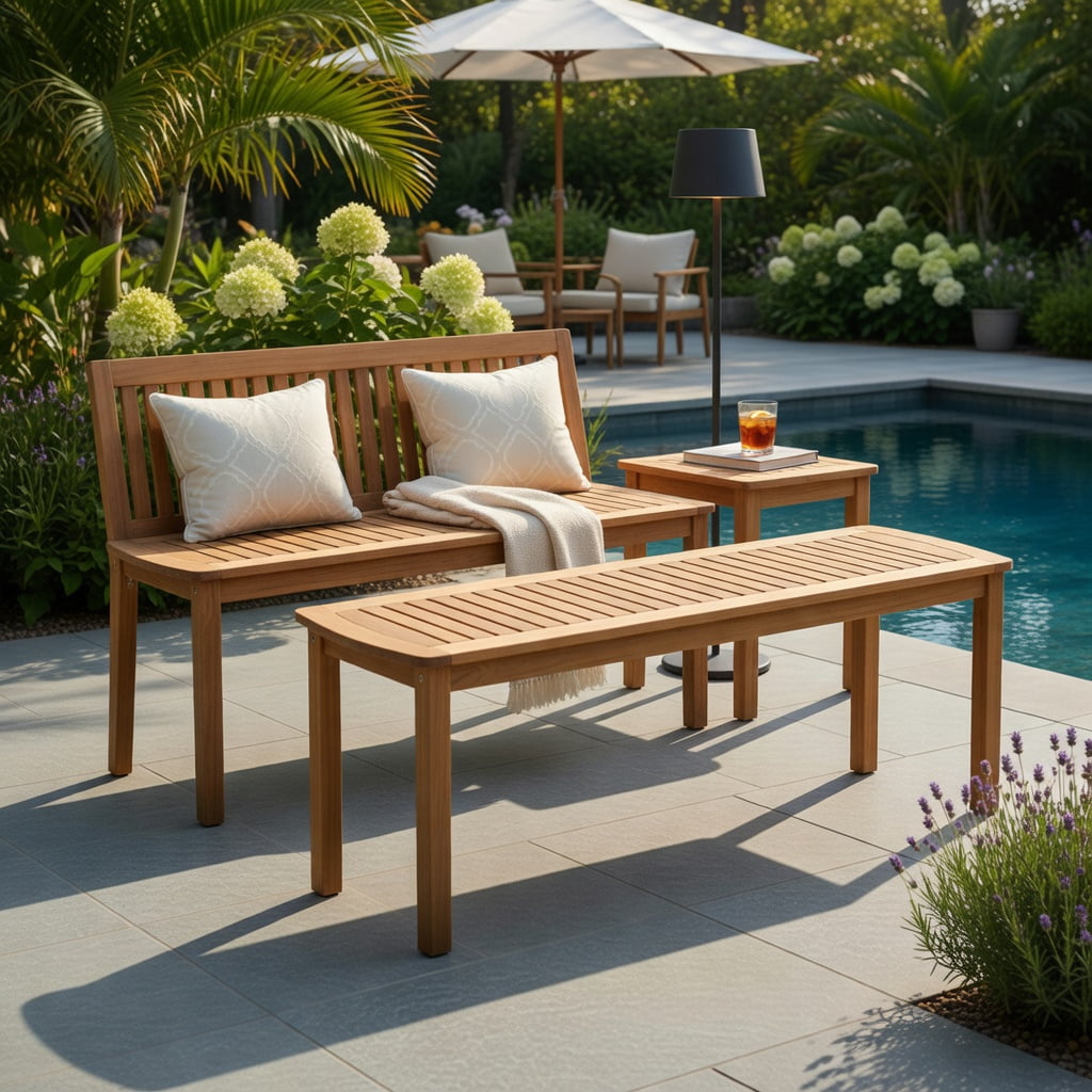 Hommoo Acacia Wood Outdoor Garden Bench, Slatted Seat, Weather-Resistant Patio Seating for 2, Natural