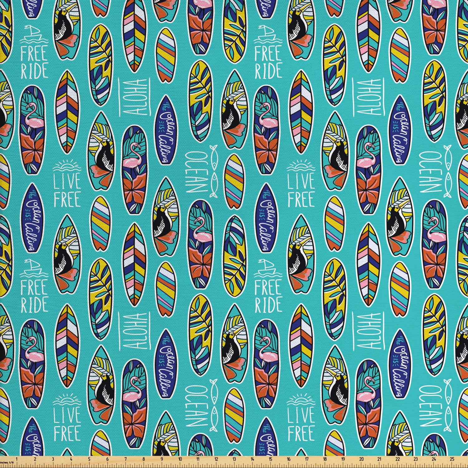 Surfboard Fabric by The Yard, Aloha Hawaii Live Free Ocean Water Sports