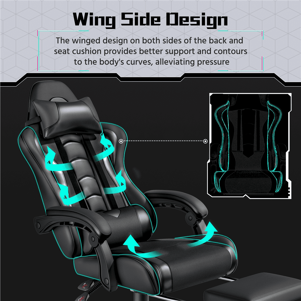 Alden Design Ergonomic High Back Gaming Chair with Massage Lumbar Pillow and Padded Armrests, Full Black