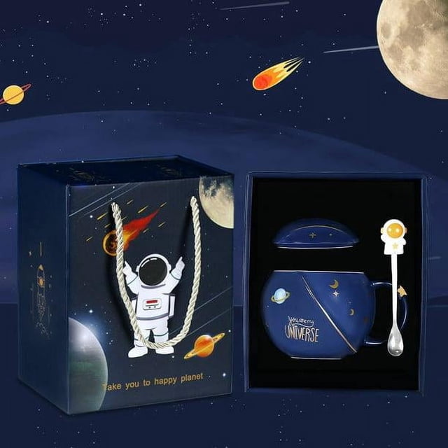 ZHAOCHENG Bonitas tazas de astronauta con tapa, novedosa taza de café de cerámica, taza de leche con forma de hongo Ember Morning, taza de té azul marino de 400 ml/15 oz
