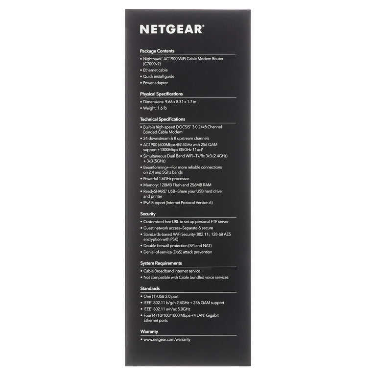 NETGEAR Nighthawk AC1900 WiFi DOCSIS 3.0 Cable Modem Router (C7000)