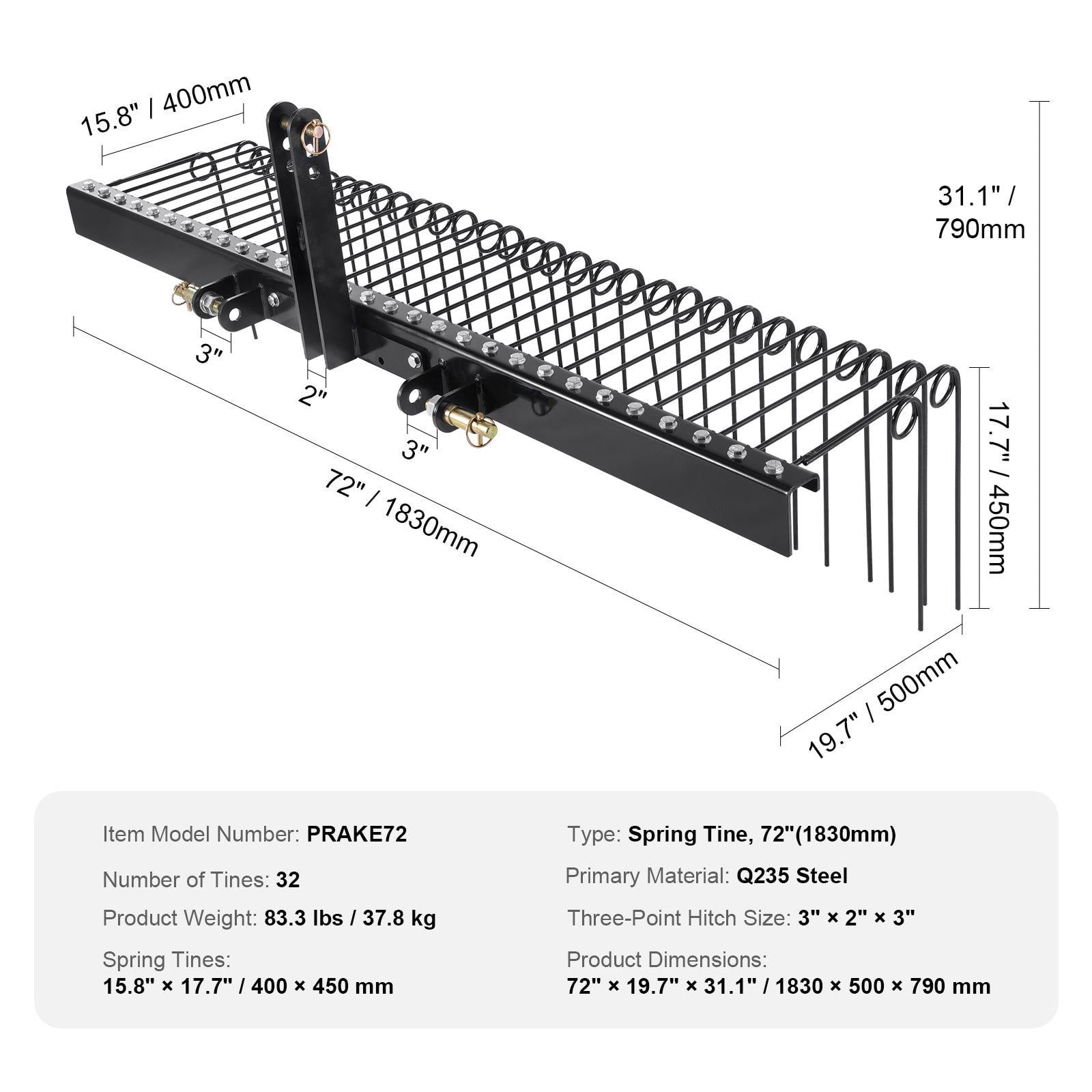72 Inch Tow Behind Landscape Dethatcher Rake 32 Steel Tines for Tractor Category 1 3 Point Hitch for Leaves Pine Needles Straw Grass