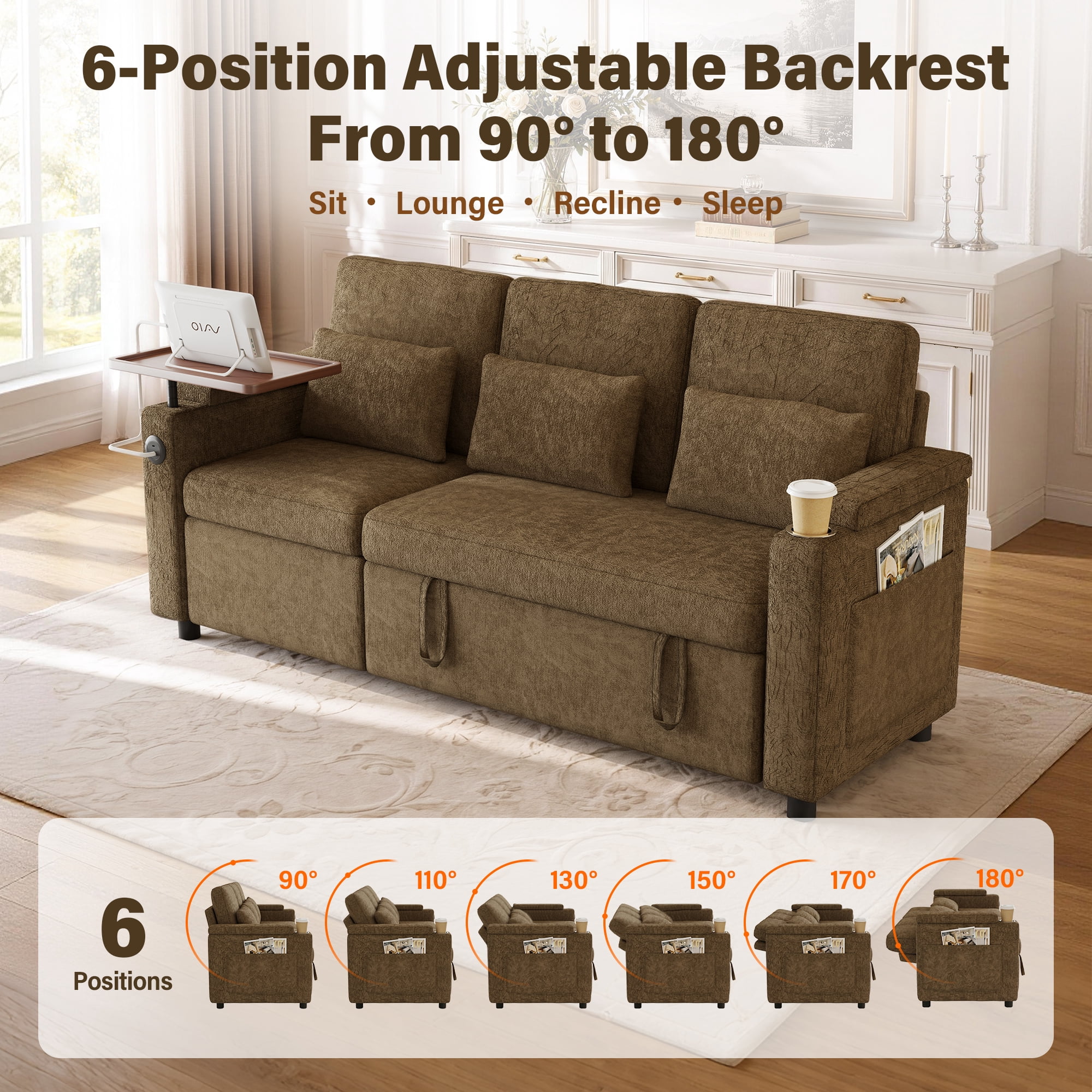 Aukfa 81" Convertible Sleeper Sofa,Chenille 3-in-1 Sofa Bed with Recliner,Center Table,USB Ports & Storage Armrests,Khaki