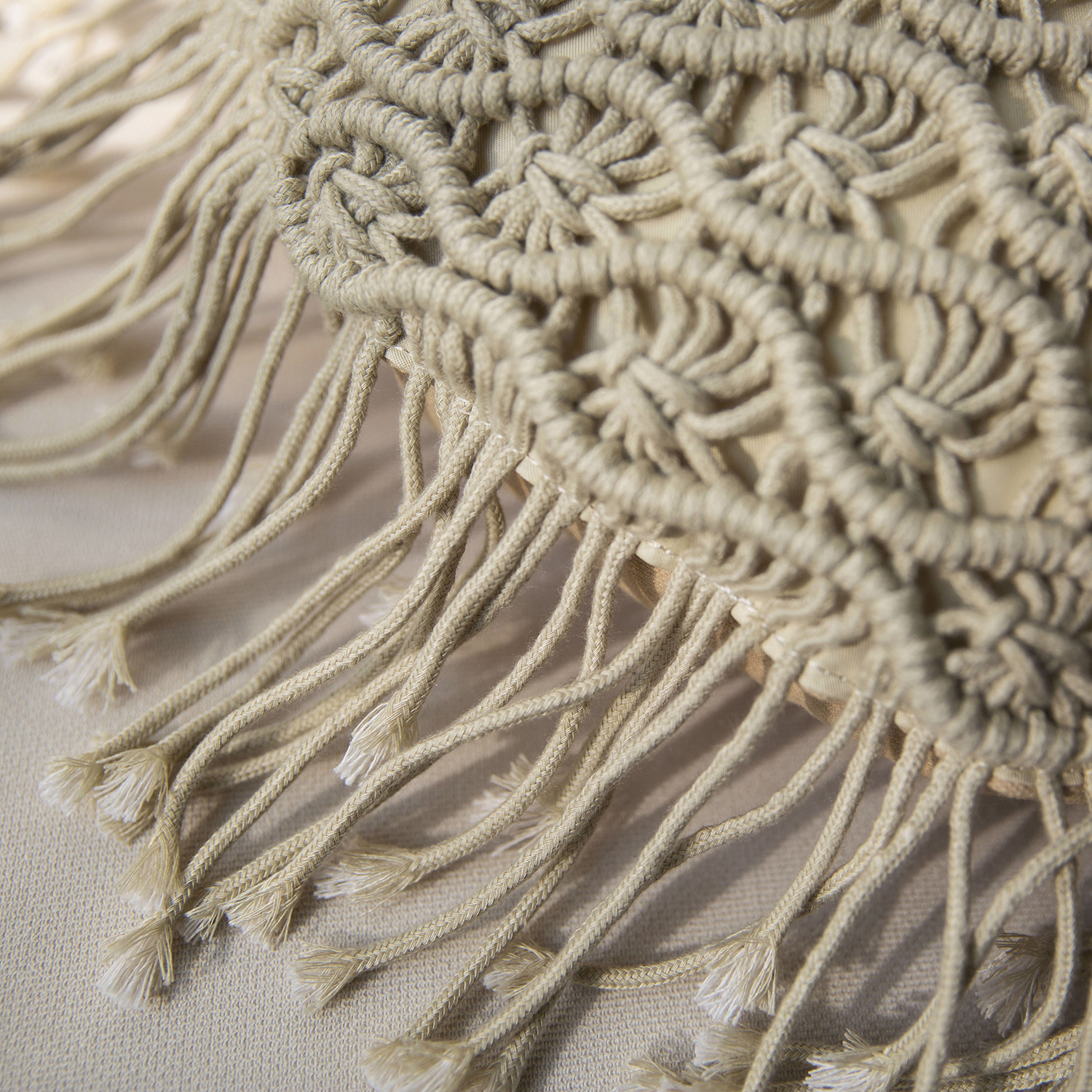 Phantoscope 100% Cotton Handmade Crochet Woven Boho with Tassels Series Decorative Throw Pillow, 16" x 16" Round, Beige, 1 Pack