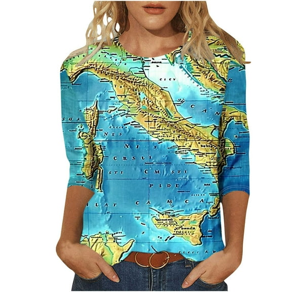 LYXSSBYX 3/4 Length Sleeve Womens Tops Women's Retro Map Print Fashion Printed Round Neck 3/4 Sleeve T-shirt Top