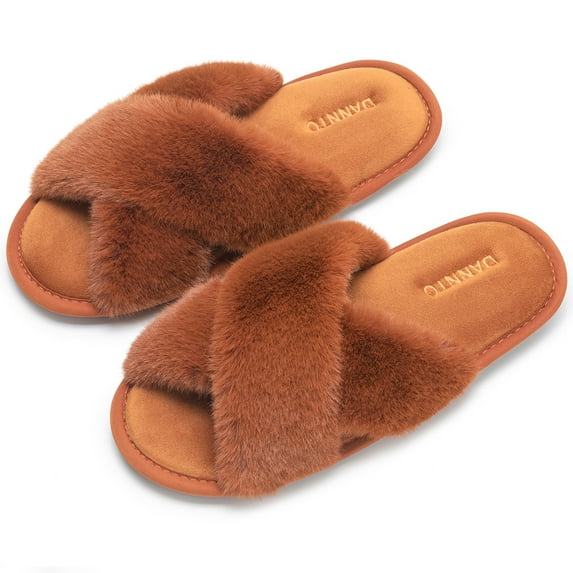 DANNTO Women's Slippers Cross Band Soft Plush Furry Open Toe House Shoes Indoor Warm Comfy Cozy Bedroom Flats Slide