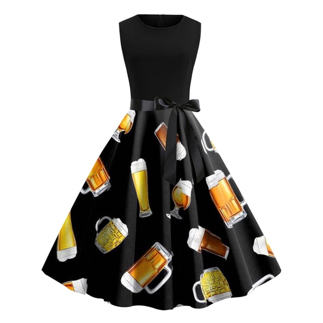 LOVZFMLL Robes Femmes Imprimé Rétro Patchwork Sans Manches Soirée Col Rond Fermeture Éclair Soirée Bal Robe Vintage