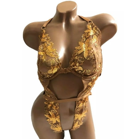 Victoria s Secret Lingerie Teddy One Piece Bodysuit Bling Gold Floral Sequin Size X-Large NWT