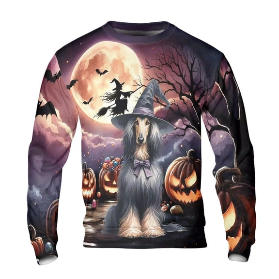 Spooky Halloween Night Witch Afghan Hound Glowing Pumpkins All Over Print 3D Sweatshirt Unisex Merch Dog Lover - 12015