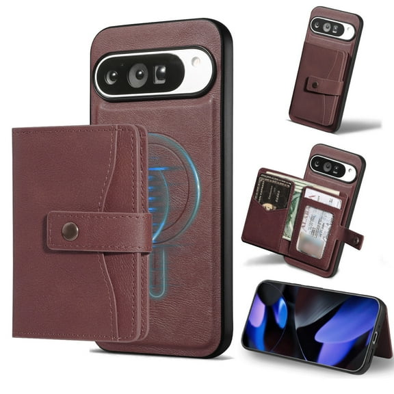 For Google Pixel 9 / 9 Pro Detachable 2 in 1 Wallet Magnetic Phone Case with Card Holder,Compatible with MagSafe, RFID Blocking PU Leather Kickstand Shockproof Cover Women Men, Winered