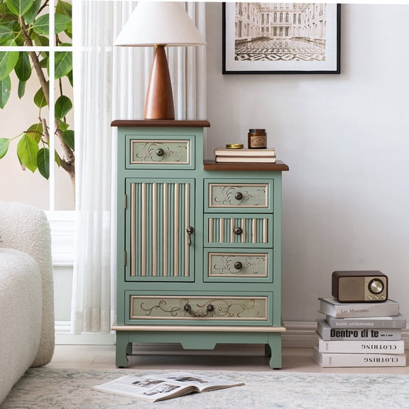 Sage Green Vintage Accent Storage Cabinet with Drawer and Door, Narrow Carved Wood Side Cabinet for Living Room, Bedroom or Small Spaces