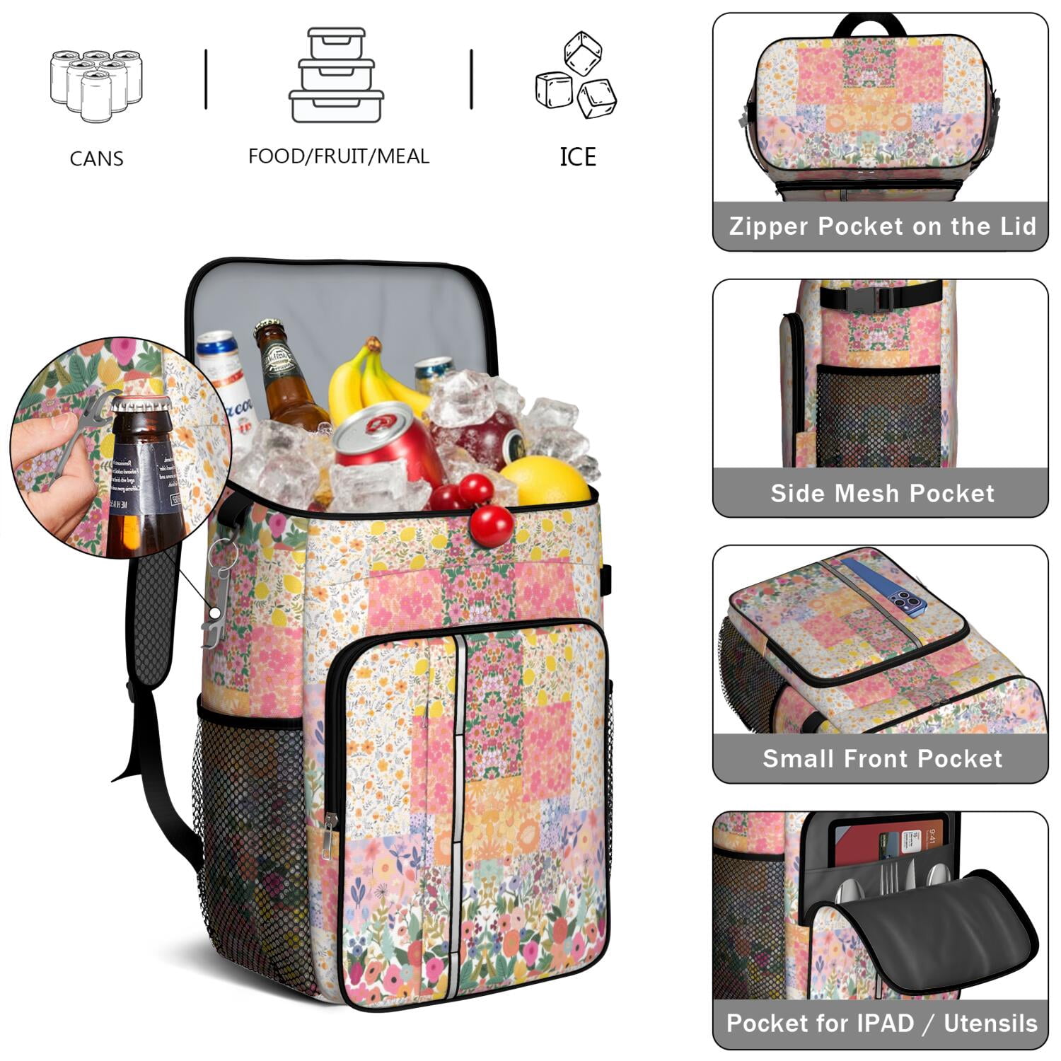Travel Cooler Bag - Pioneer Flower Camping Beer Cooler Backpack with Bottle Opener- Waterproof Insulated Picnic Backpacks - Cooler Bag for Beach