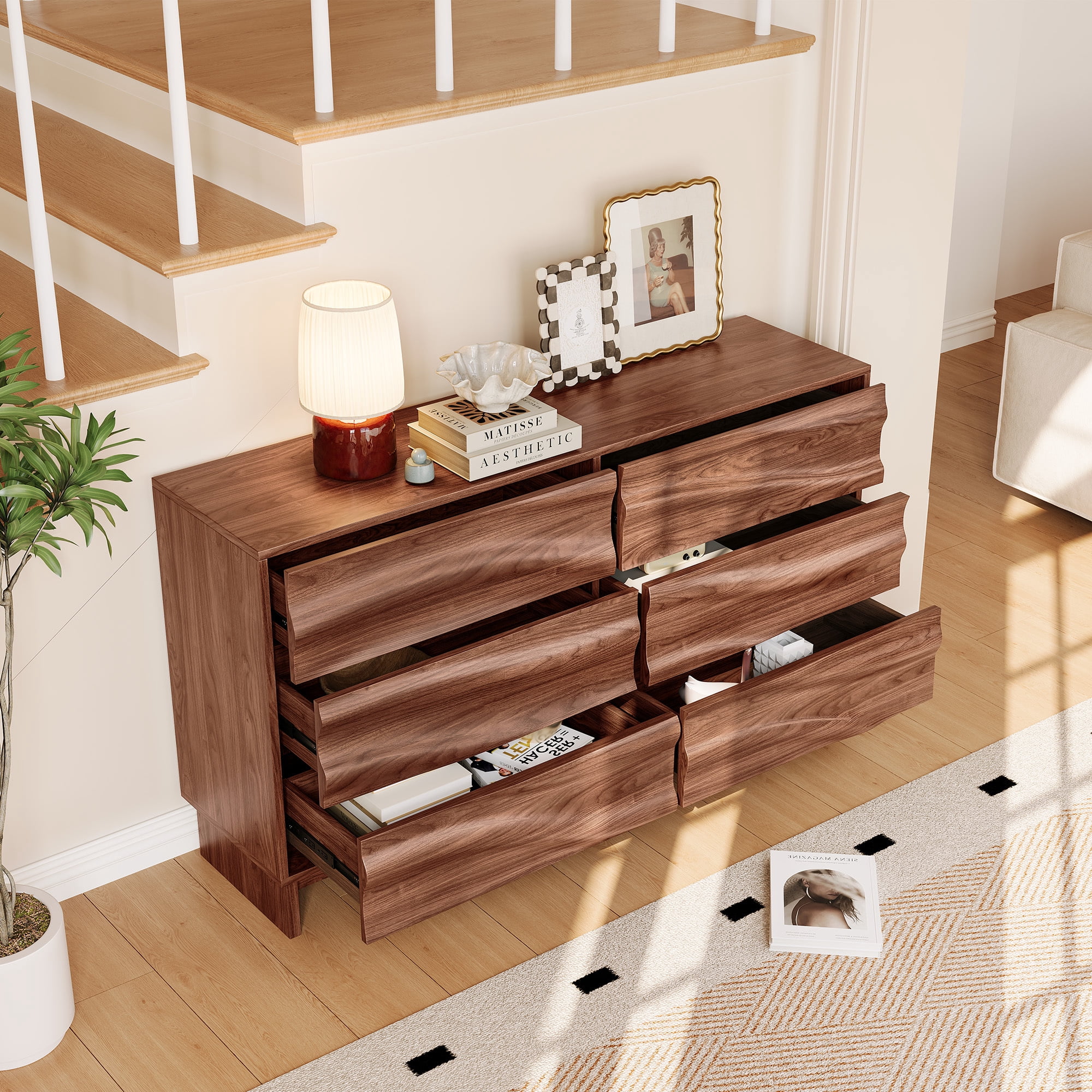 Leumius 47.2" Buffet Sideboard with 6 Drawers, Walnut Finish with Wave Grain Texture, Farmhouse Storage Cabinet for Dining Room Living Room Hallway