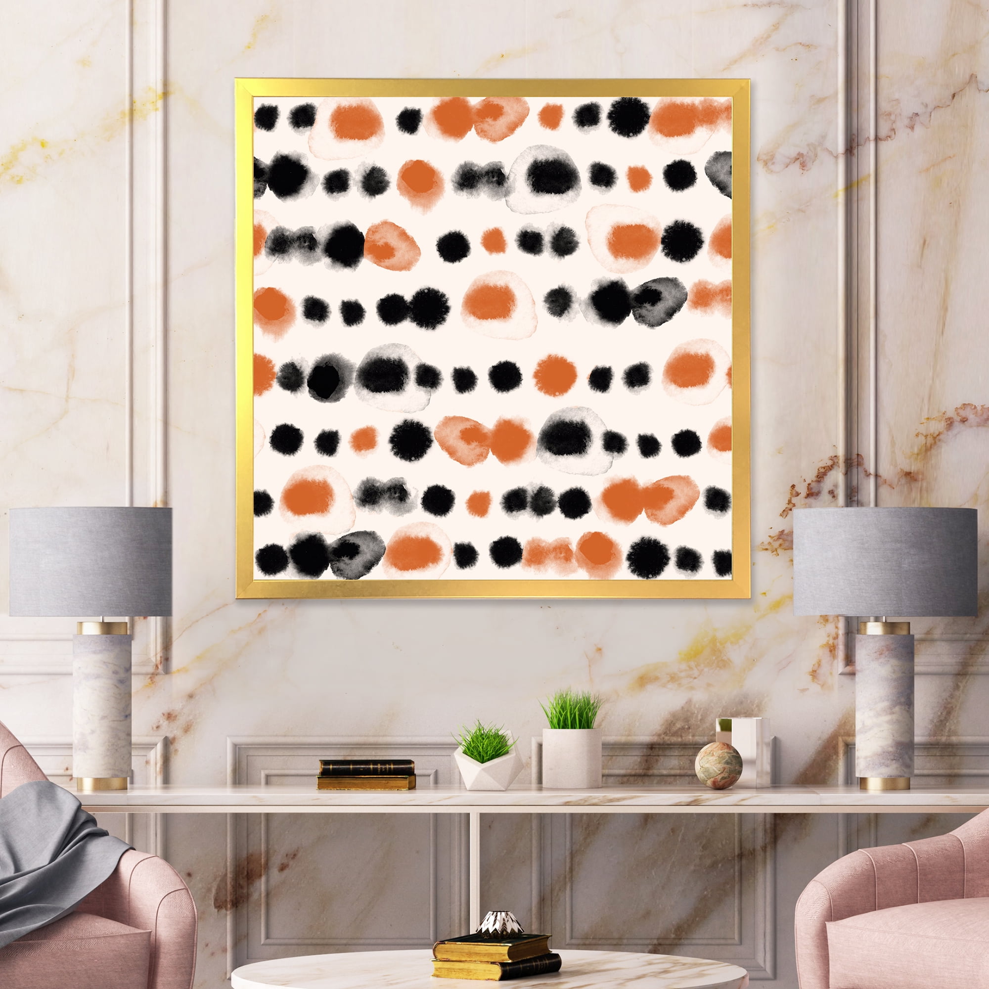 Designart 'Orange and Black Polka Dots' Modern Framed Art Print