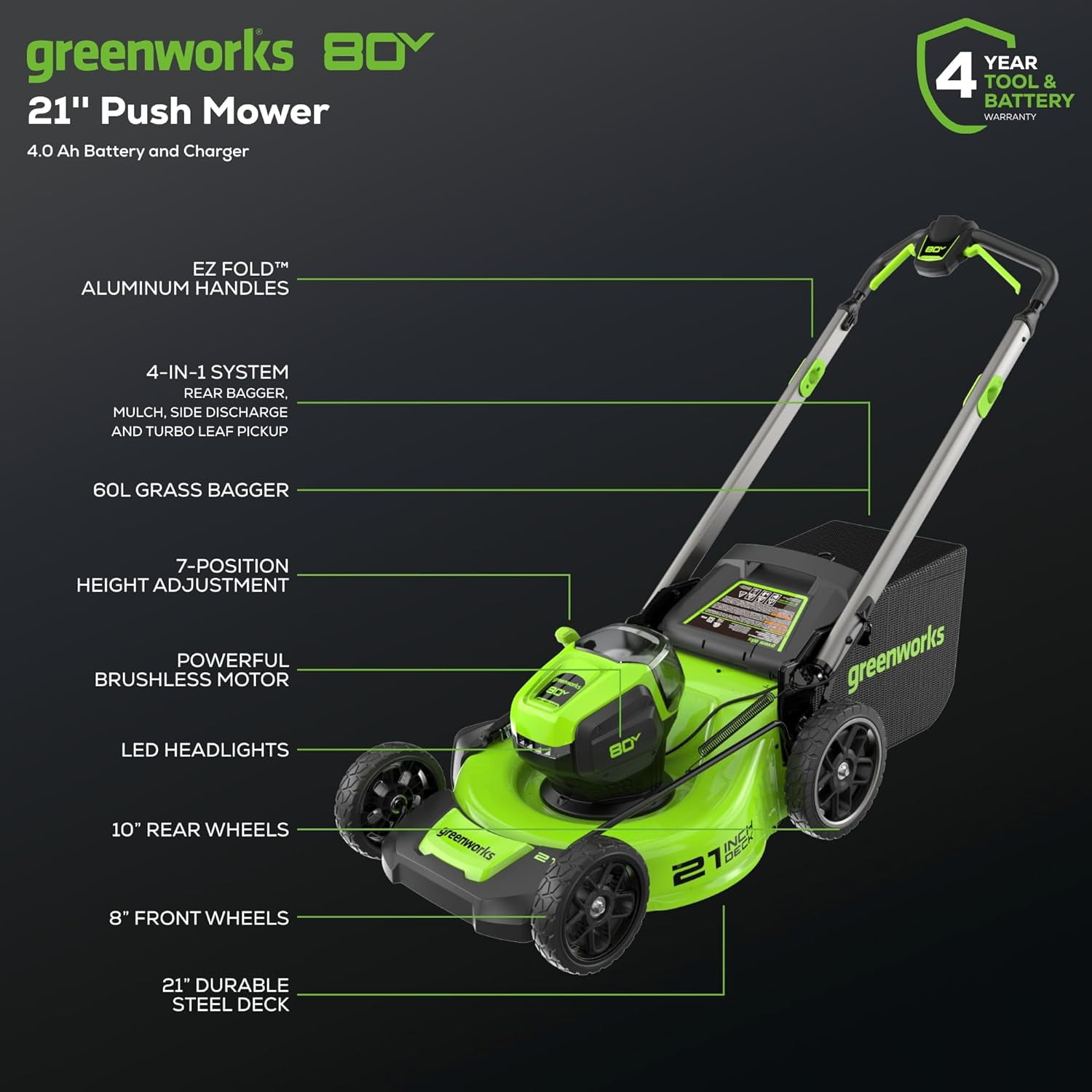 Greenworks 80V 21" Brushless Cordless (Push) Lawn Mower (LED Headlight + Aluminum Handles), 4.0Ah Battery and Rapid Charger Included (75+ Compatible Tools)