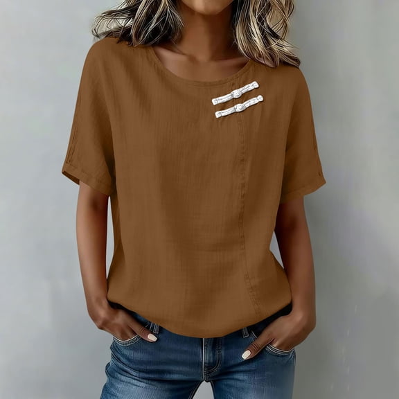 Womens Short Sleeve Tops Summer Tshirts Round Neck Casual Basic Tee Work 2026 Trendy Outfits with Decorative Buttons