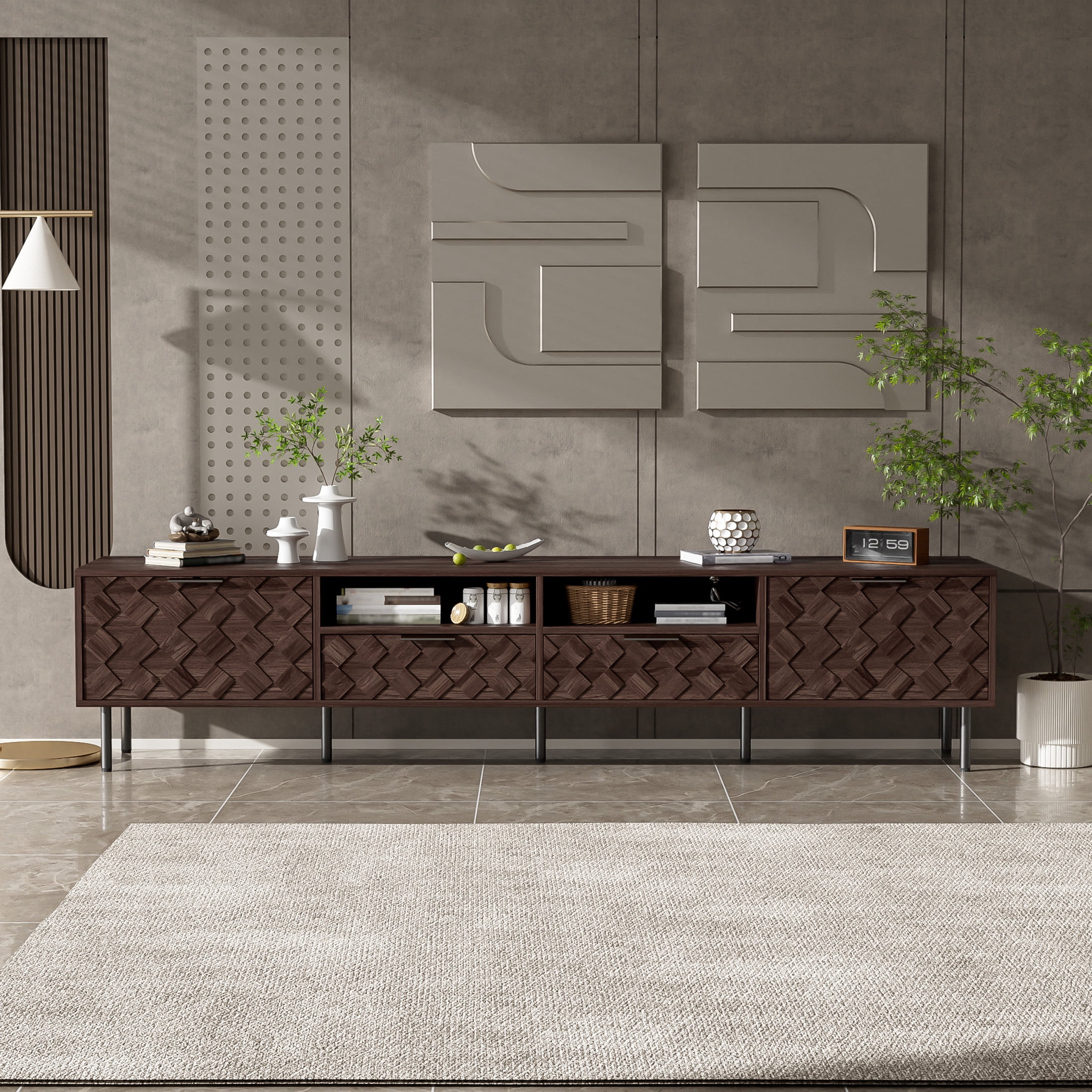 Noble House Modern TV Stand for TVs up to 85" with Storage Cabinets, Drawers and Open Shelves, Dark Brown