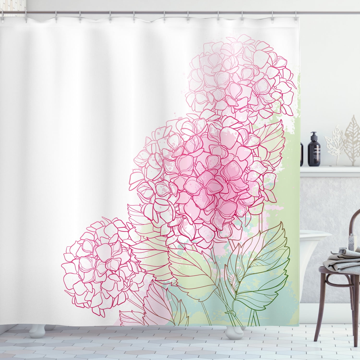 Hydrangea Shower Curtain, Summer Botanical Image of Grunge Paint Flowers, Fabric Bathroom Set