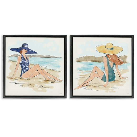 Stupell Industries Bathing Beauties on Beach People Painting Black Floater Framed Canvas Art Print Wall Art, 18 x 18, Set of 2