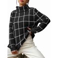 thumbnail image 2 of Women Fall High Neck Plaid Sweater Long Sleeve Loose Casual Chunky Checked Knit Winter Sweaters Jumper Tops, 2 of 8