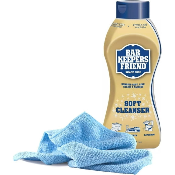 Black Swan Distributors - Bar Keeper's Friend Soft Cleanser 26 oz & Non-Abrasive, Washable Microfiber Cleaning Cloth 15x15 in - Home Cleaning Supplies Kit