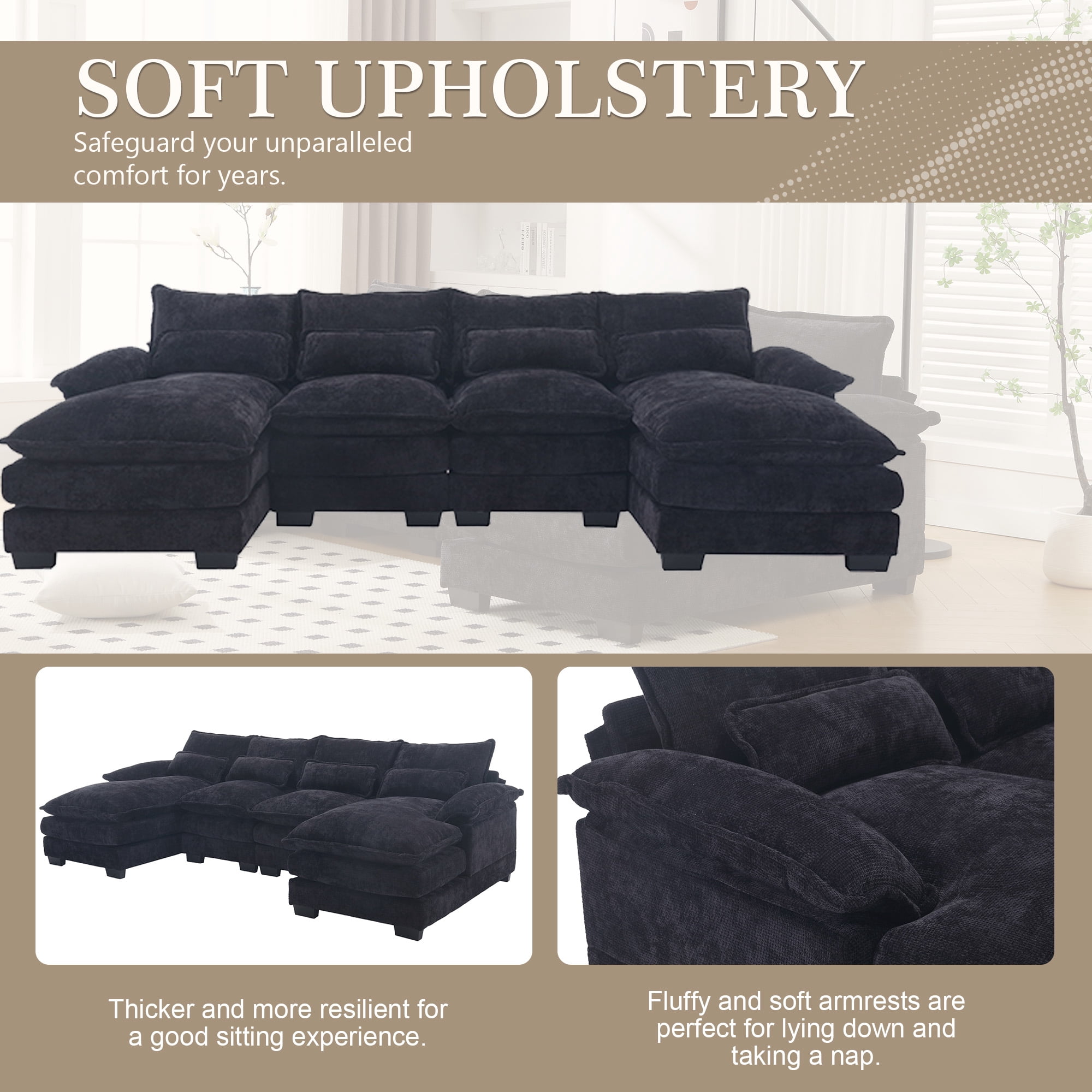 MOONMISS Chenille Upholstered U-Shaped Oversized four-seater Living Room Sectional Sofa With Wooden Frame-Black