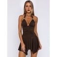 thumbnail image 4 of Jaimenalin Women Halter V Neck Mini Dress Flowy Irregular Ruffle Hem Backless Summer Dress Ruched Dresses Brown XL, 4 of 9