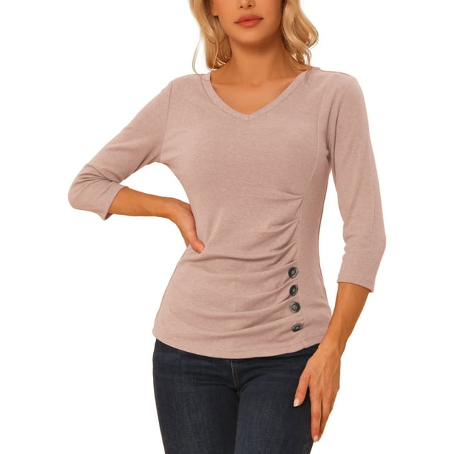 INSPIRE CHIC Women's Button Decor V Neck 3/4 Sleeve Solid Knitted Ruched Blouse Beige Pink XL