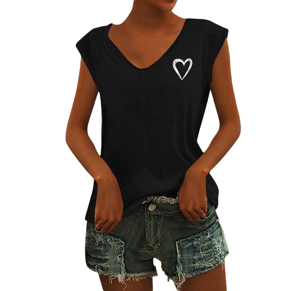 T Shirts For Women Heart Print V Neck Sleeveless Soft Casual Slim Fitted Basic Tees