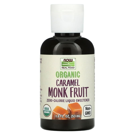 NOW Foods Real Food, Organic Monk Fruit, Zero-Calorie Liquid Sweetener, Caramel, 1.8 fl oz (53 ml)