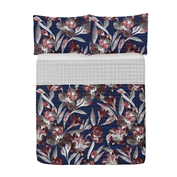 Exotic Reversible Bedspread Set, Spring Style Foliage Tropical Floating Butterfly Deep of the Secret Jungle, Pillow Shams & Comforter Microfiber Bedding Set, 3 Sizes, Dark Lavender, by Ambesonne