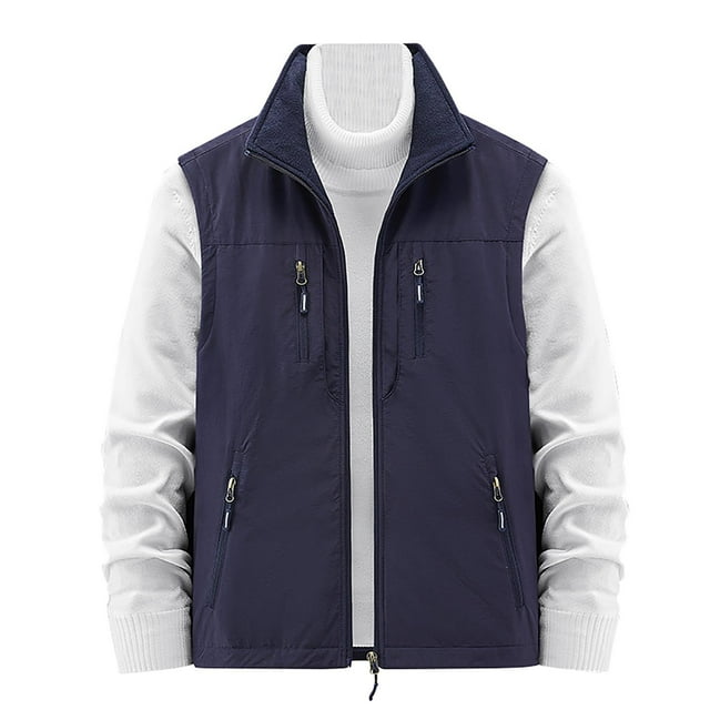 Men's Vest Fall Multi Pocket Turn Down Collar Have Zipper Solid Color Warm Outerwear Vest