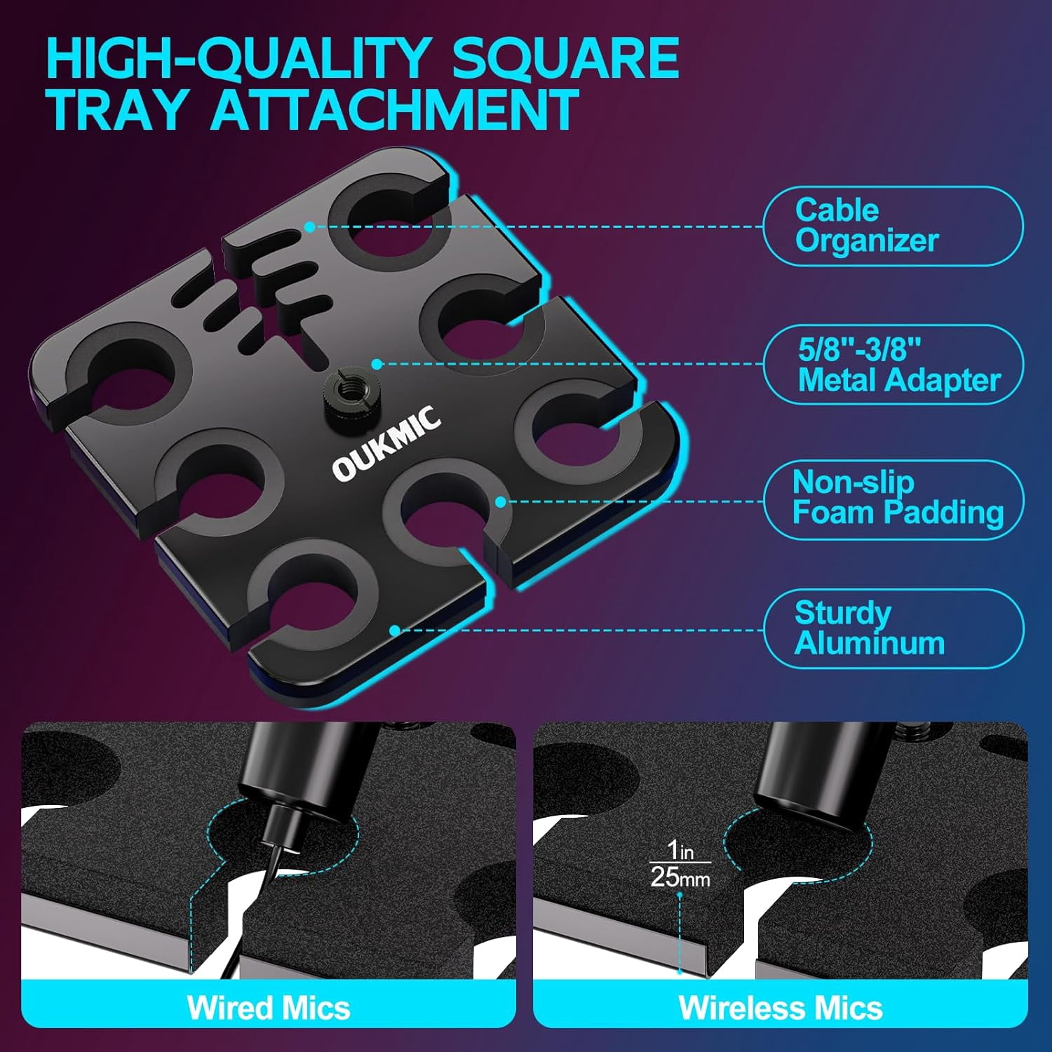 Multi Microphone Holder with Desktop Mic Stand, Square Tray with  Slots Holds  to 7 Mics, Wired and Wireless Mic Holder for Stage Organizer and Display-7 Anti-roll Rings Included