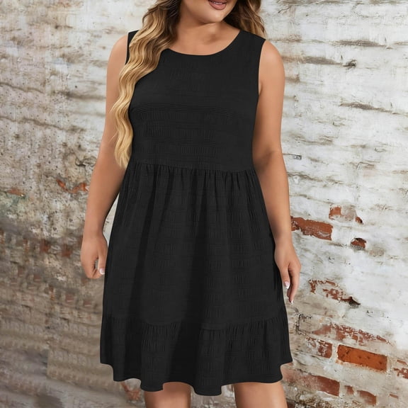 Tdoqot Womens Plus Size Ruffle Sundress with Pockets- Casual Crewneck Sleeveless Summer Midi Tank Dress Black Size XL-5XL