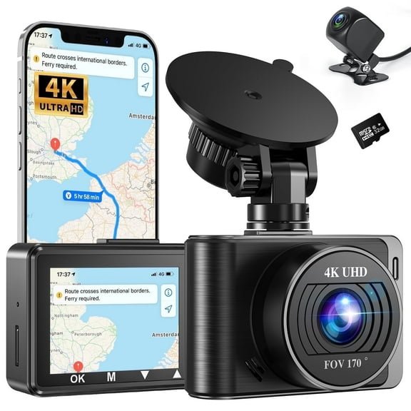 AUOSHI Dash Cam Front and Rear, 4K 1080P Car Camera with Built-in Wi-Fi, 3.94" IPS Screen, Free 32GB Card, Night Vision, G-Sensor, Loop Recording, 24H Parking Mode