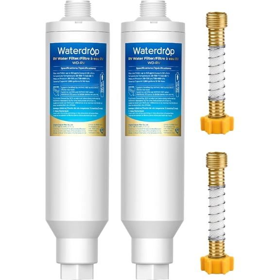Waterdrop RV/Marine Water Filter with 2 Flexible Hose Protector, Camper Water Filter, Inline Water Filter for RV, Garden Hose Filter, NSF Certified, Greatly Reduces Chlorine, Bad Taste, Odor, 2 Pack