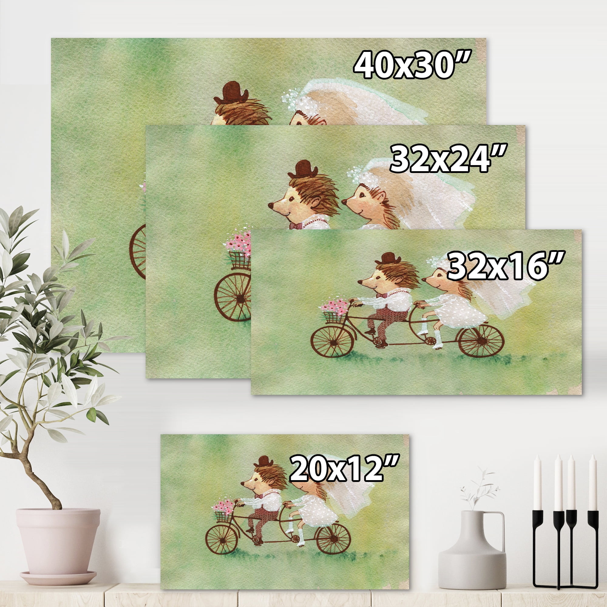 Designart ' Wedding Couple of Hedgehogs Riding A Bike ' Traditional Canvas Wall Art Print