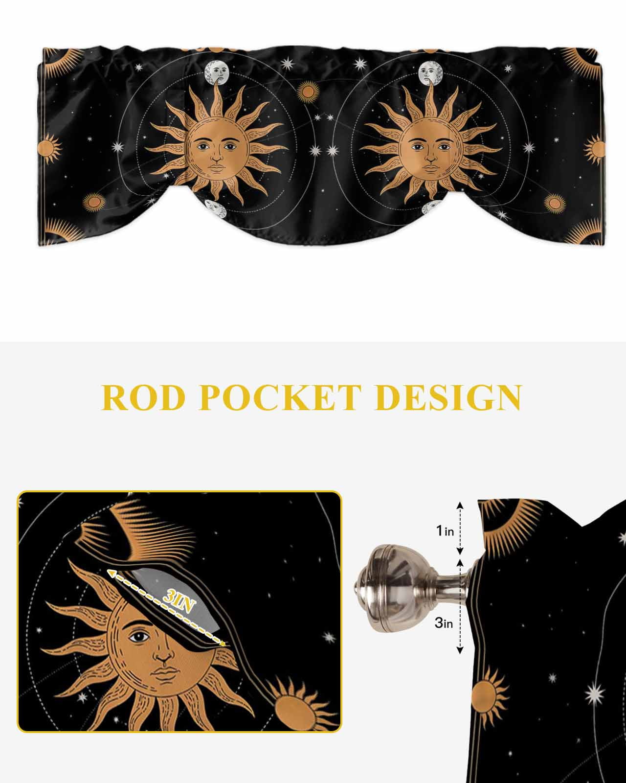 Tarot Tie Up Valances Curtain, Adjustable Kitchen Sun Moon Valances for Windows Decor, Rod Pocket Short Curtains Set for Bedroom/Bathroom, 60"x18"