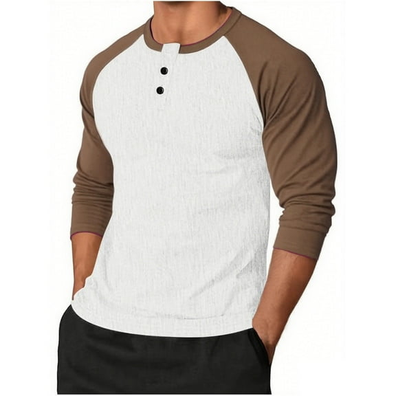 Mens Big and Tall T-Shirts, Raglan Long Sleeve Shirts for Men Fall Fashion Loose Fit Solid Color Button Up Henley Shirt Tops
