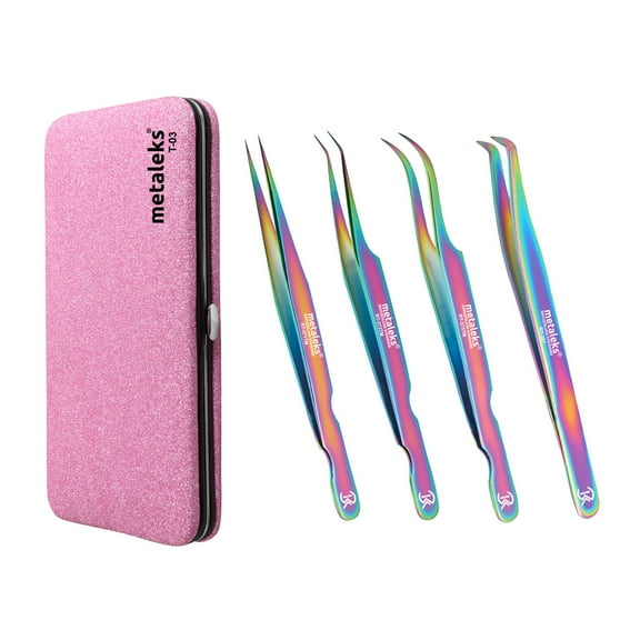 4PCS - 12CM Multi Titanium Coated Eyelash Extension Tweezers With Pink Glitter Magnetic Kit - Made of Japanese Stainless Steel