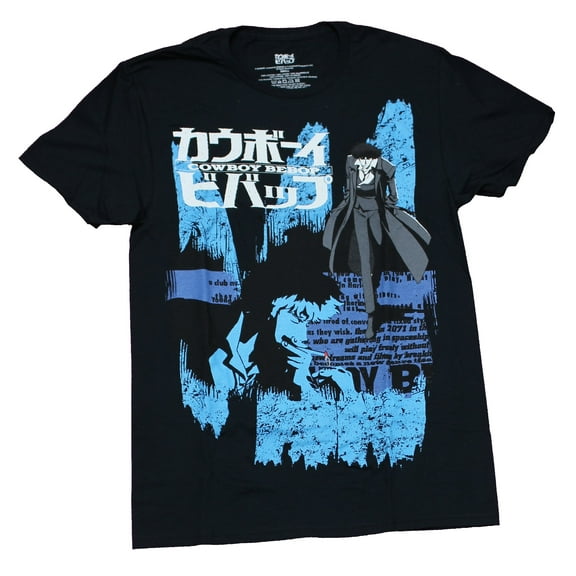 Cowboy Bebop Mens T-Shirt - Blue Tinted Spike Collage Kanji Logo (Small)
