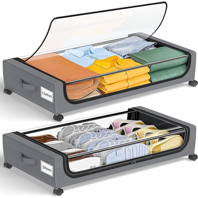 Almacenamiento Bajo Cama, 2Pcs Aapatera Bajo cama, Cajas Organizadoras para Clósets, Gran Capacidad, Ventana Transparente, con Ruedas, Cajas de Almacenamiento para Ropa, Mantas y Zapatos (Gris)