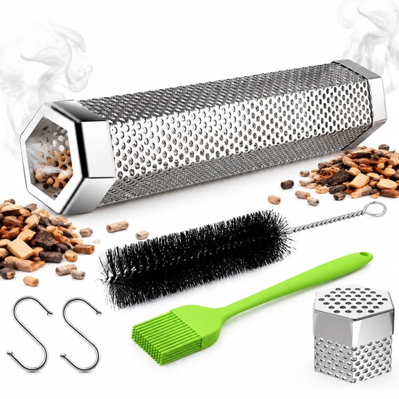 Premium Pellet Smoker Tube 12",5 Hours of Billowing Smoke,Hot or Cold Smoking,for Any Grill /Smoker,Stainless Steel Portable Barbecue Smoking Tube,2 S-Shaped Hooks,Cleaning Brush,Silicone Brush