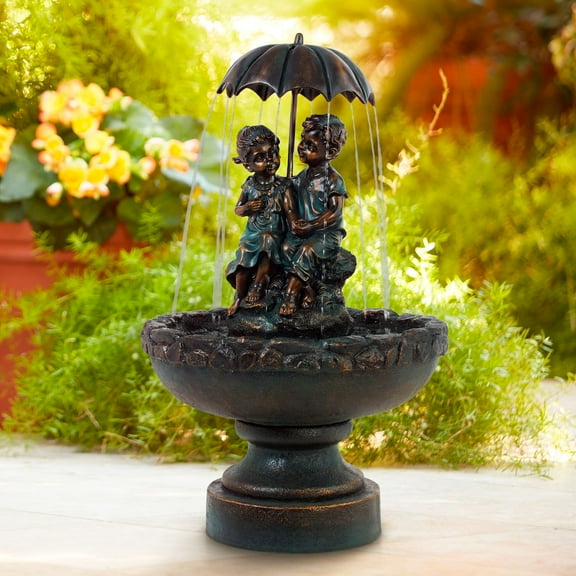 Boy and Girl Under Umbrella 40" High Large Rustic Indoor Outdoor Decor Bronze Floor Fountain Outside Garden