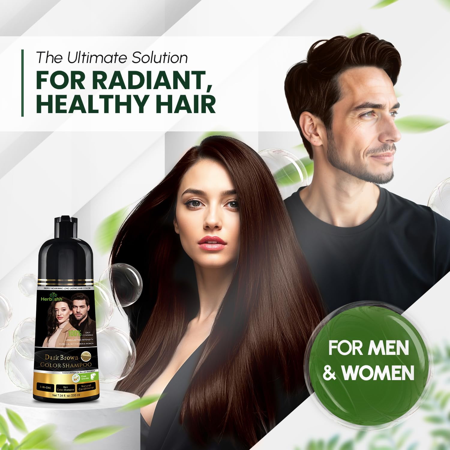 (2 pack) Herbishh Dark Brown Shampoo, Hair Dye Shampoo 3 in 1, 100% Grey Coverage, Demi-Permanent Hair Color for Men & Women, With Eyelash & Eyebrow Enhancing Serum Combo