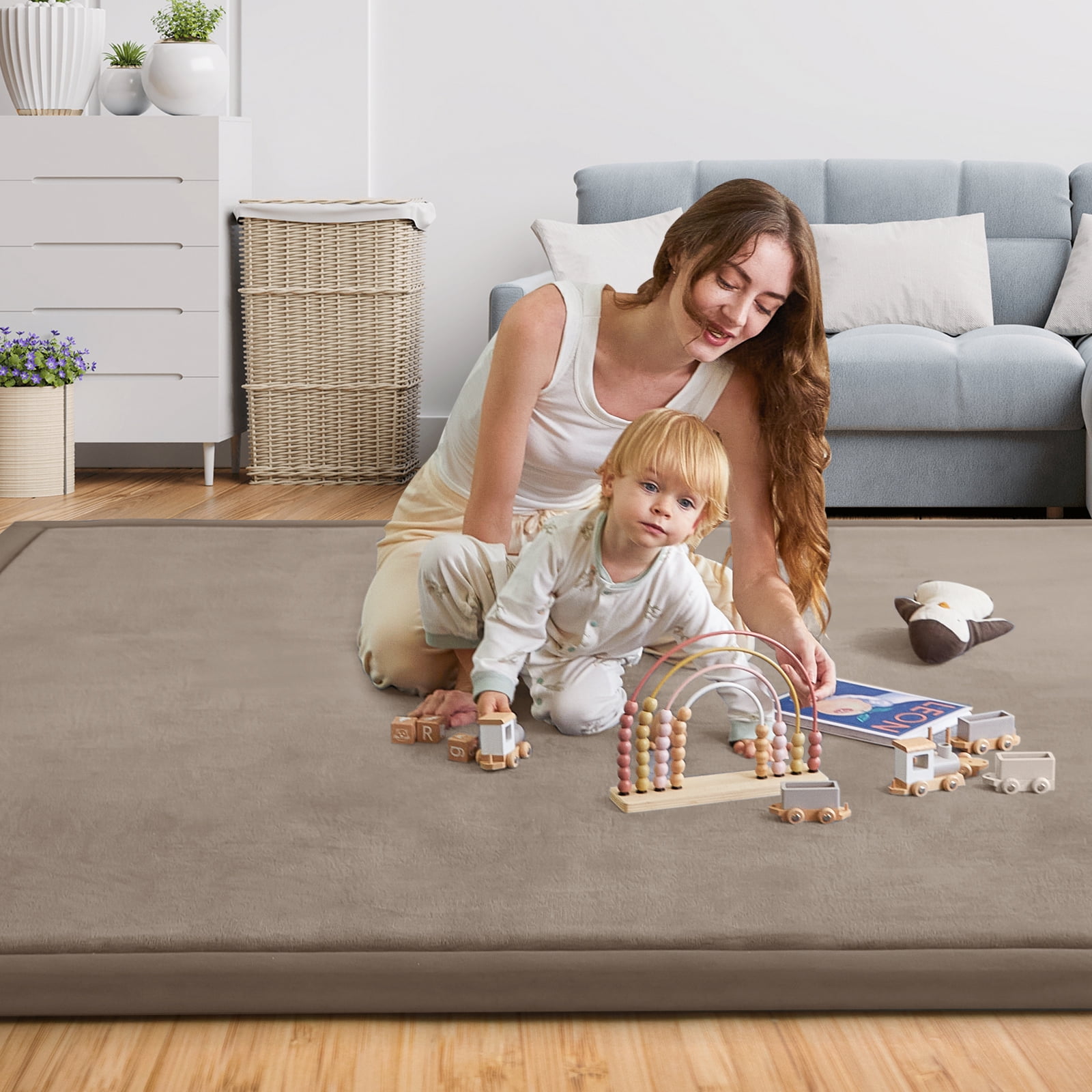 Teler Baby Play Mat for Floor, 1.3" Thick Foam 50"×50" Playmat, Ultra-Soft Plush Feel & Non-Slip Backing Safe for Infants, Toddlers Crawling, Brown