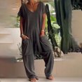 thumbnail image 2 of Women's Summer Short Sleeve Jumpsuit, Casual V Neck Loose Baggy One Piece Wide Leg Long Pant Romper Overalls with Pocket, XL-5XL, 2 of 5