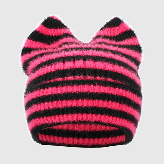 AUNVITO Warm Striped Cat Ear Knit Hat with Thickened Ear Protection Soft Wool Winter Beanie for Women
