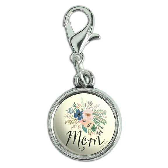 Mom with Flowers Mother's Day Antiqued Bracelet Pendant Zipper Pull Charm with Lobster Clasp